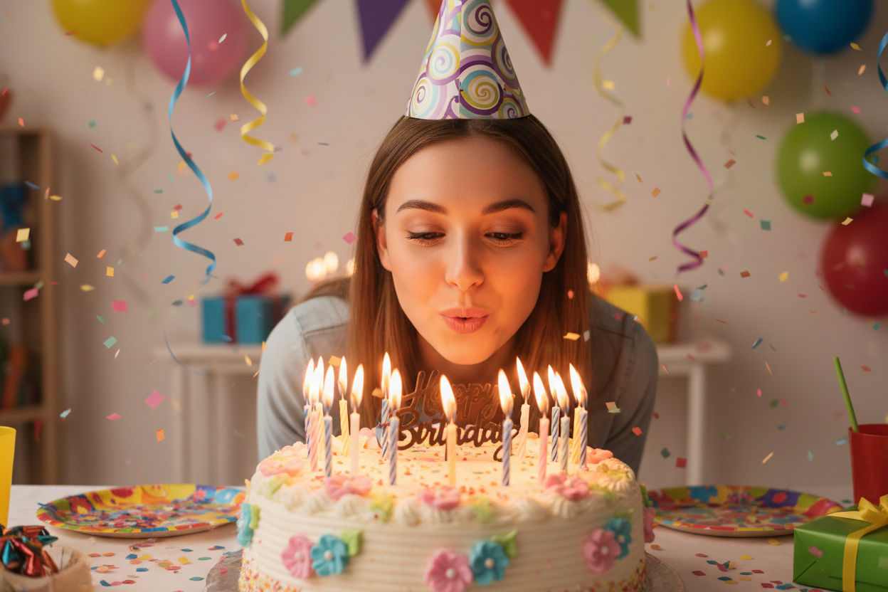 Iemand met een verjaardags hoedje op die kaarsjes uitblaast van een taart