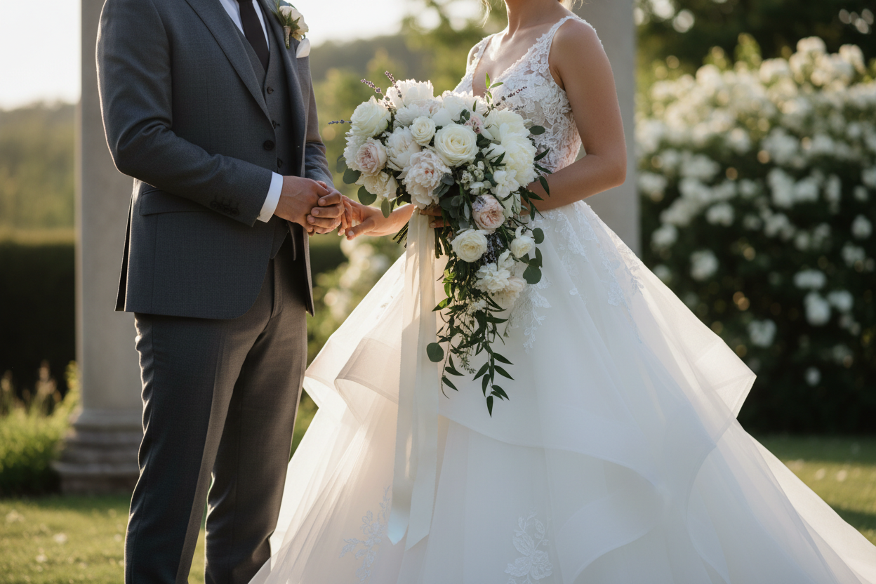 Bruiloft van man en vrouw, geen gezichten wel een pak en een grote witte jurk en een mooi boeket die ze vasthouden