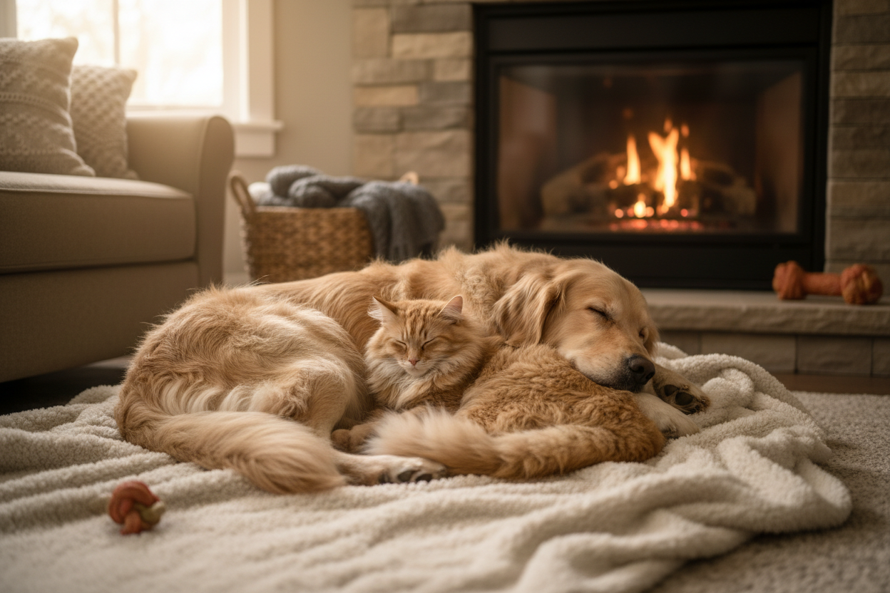 een hond en een kat samen knuffelen of slapen