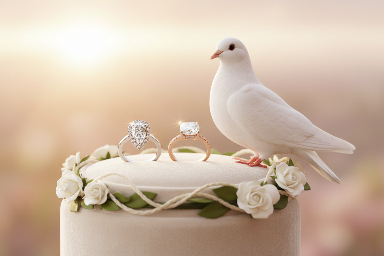 twee verlovingsringen met een duif